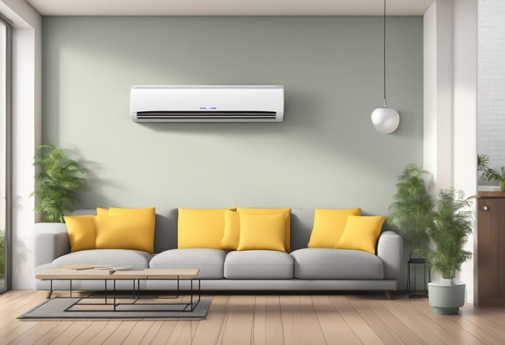 A 9000 BTU mini split unit mounted on a wall, with a remote control nearby