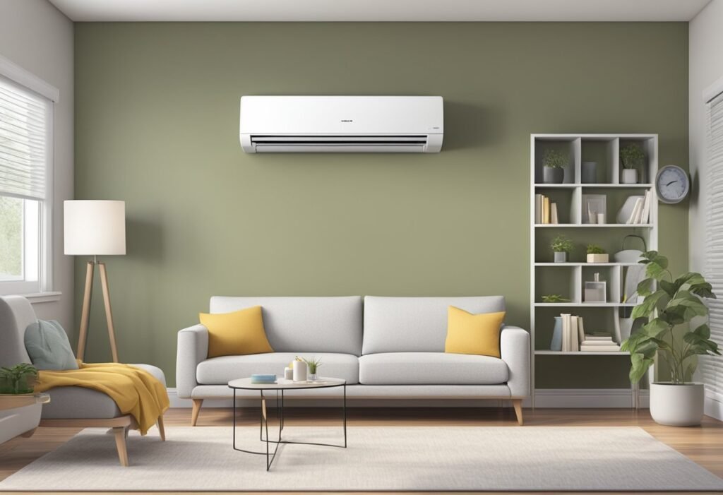 A small 110v mini split unit mounted on a wall, with cooling and heating functions, surrounded by a clean and organized room