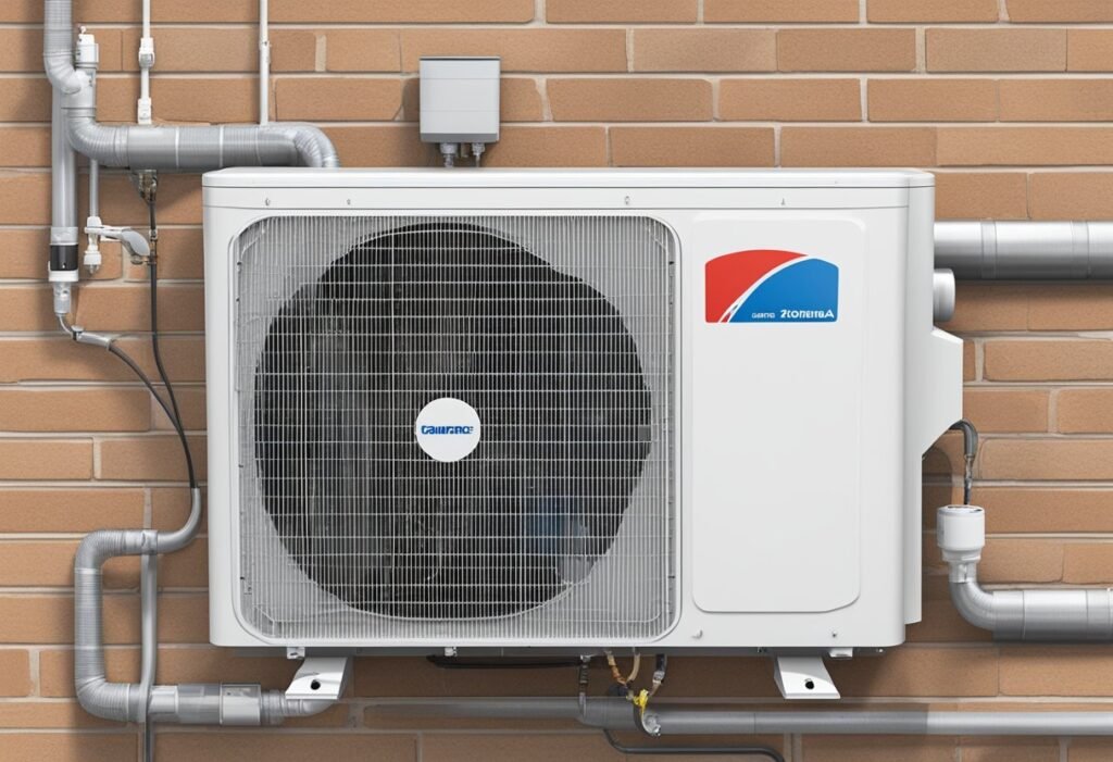 A 18000 btu mini split unit mounted on a wall with pipes connecting to an outdoor compressor unit