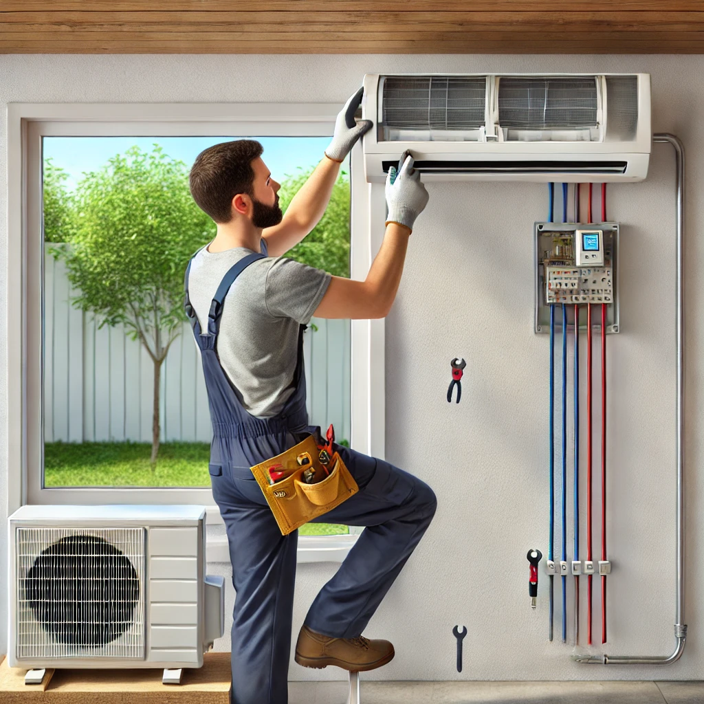 HVAC technician installing a mini split air conditioner system  graphic illustration - My Best Mini Split